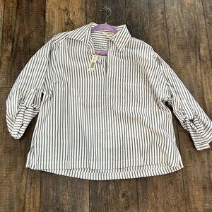 Striped Long-Sleeve Button Collar Top - White & Navy